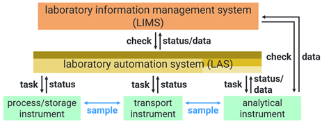A schematic representation of a total laboratory system with devices, LAS, and LIS/LIMS